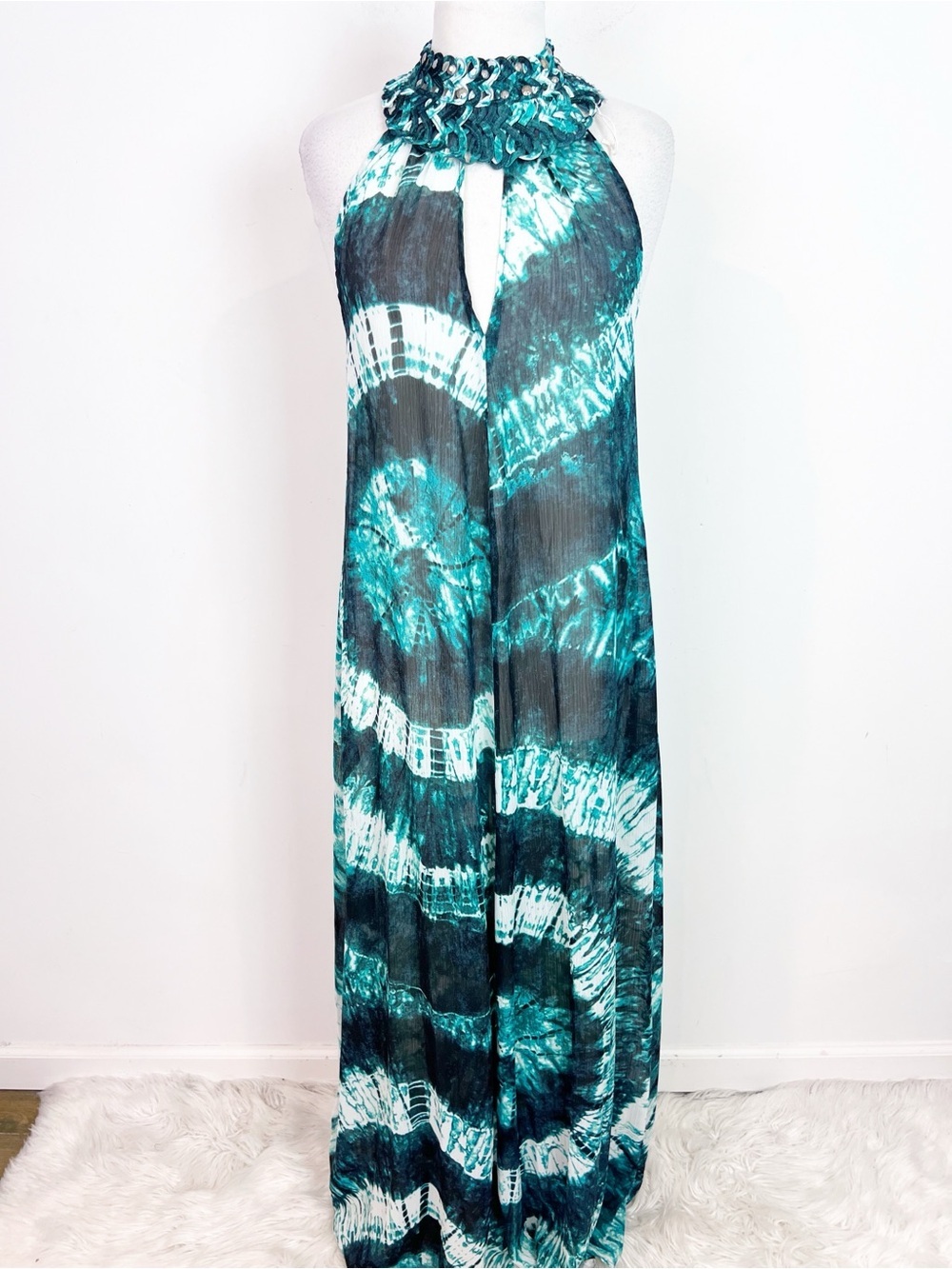 H&M GREEN x BEYONCÉ NAVY WHITE TIE DYE SLEEVELESS FLOWY BOHO MAXI DRESS XS/SMALL